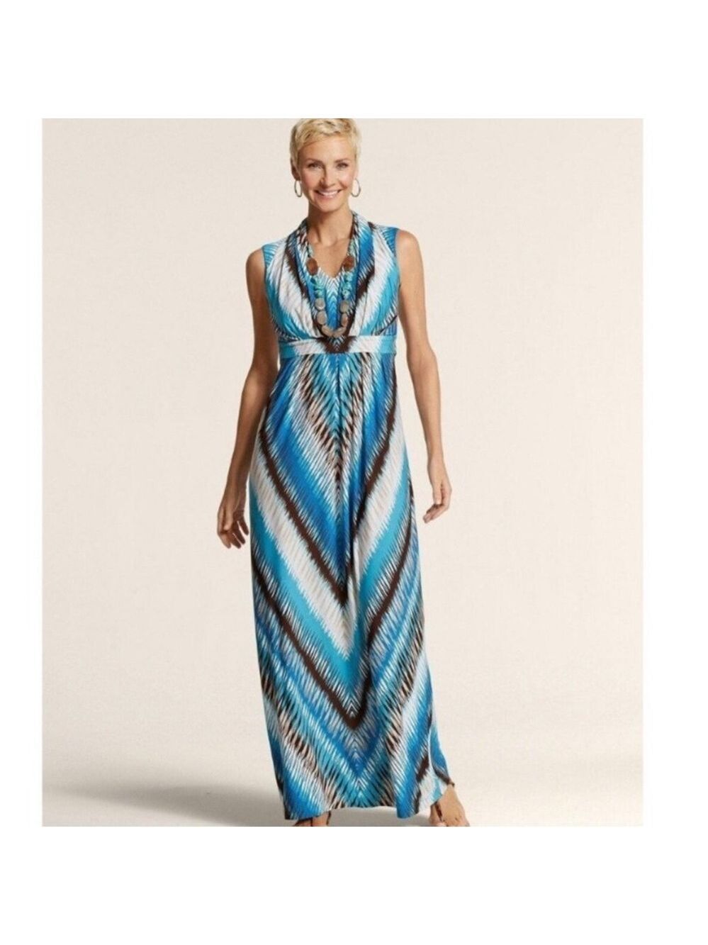 Chico's Blue and White Sleeveless Chevron Maxi Sundress